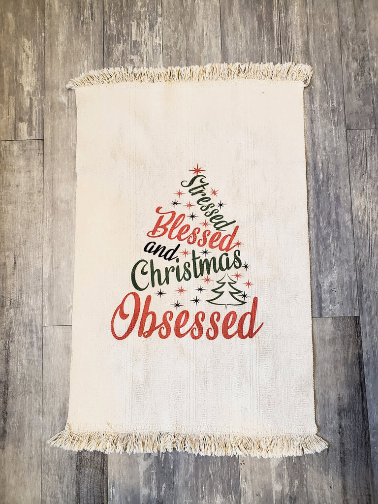 prontomodacalzature® Stressed Blessed and Christmas Obsessed Flat Woven Natural Cotton Rug