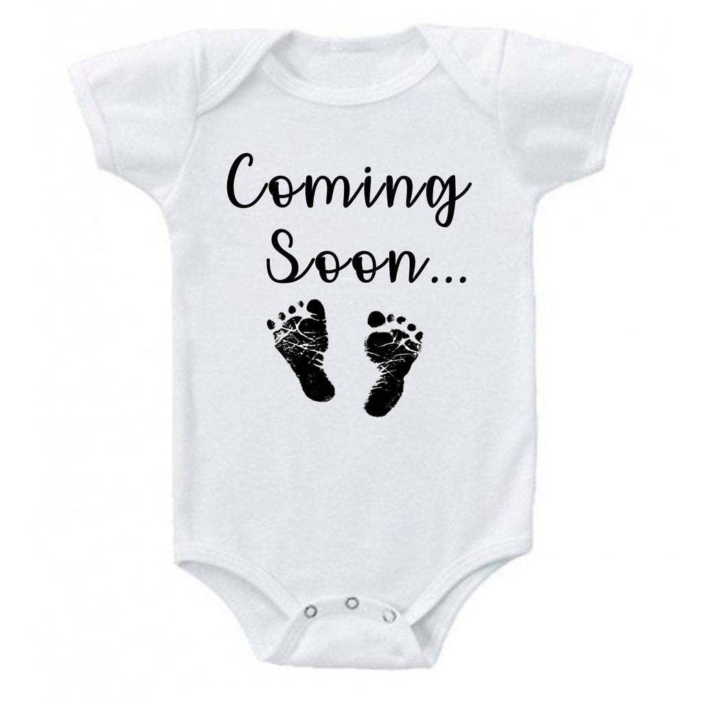 prontomodacalzature® Baby Coming Soon Foot Prints Pregnancy Reveal Announcement Baby Romper Bodysuit Media 1 of 13 Pregnancy reveal, baby announcement, baby shower gift, coming soon onesie, coming soon baby onesie, Announcement onesie