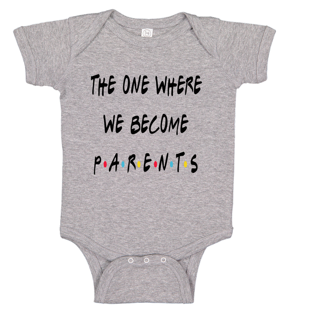 prontomodacalzature® The One Where We Become Parents Announcement Friends Themed Baby Bodysuit in heather grey