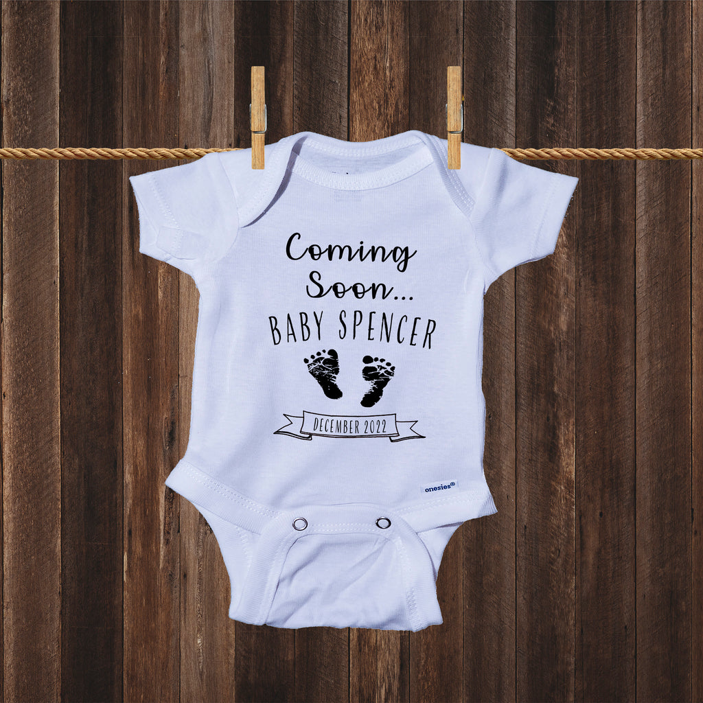 prontomodacalzature® Customized Coming Soon... Name and Expecting Date Announcement Baby Bodysuit Romper Onesie